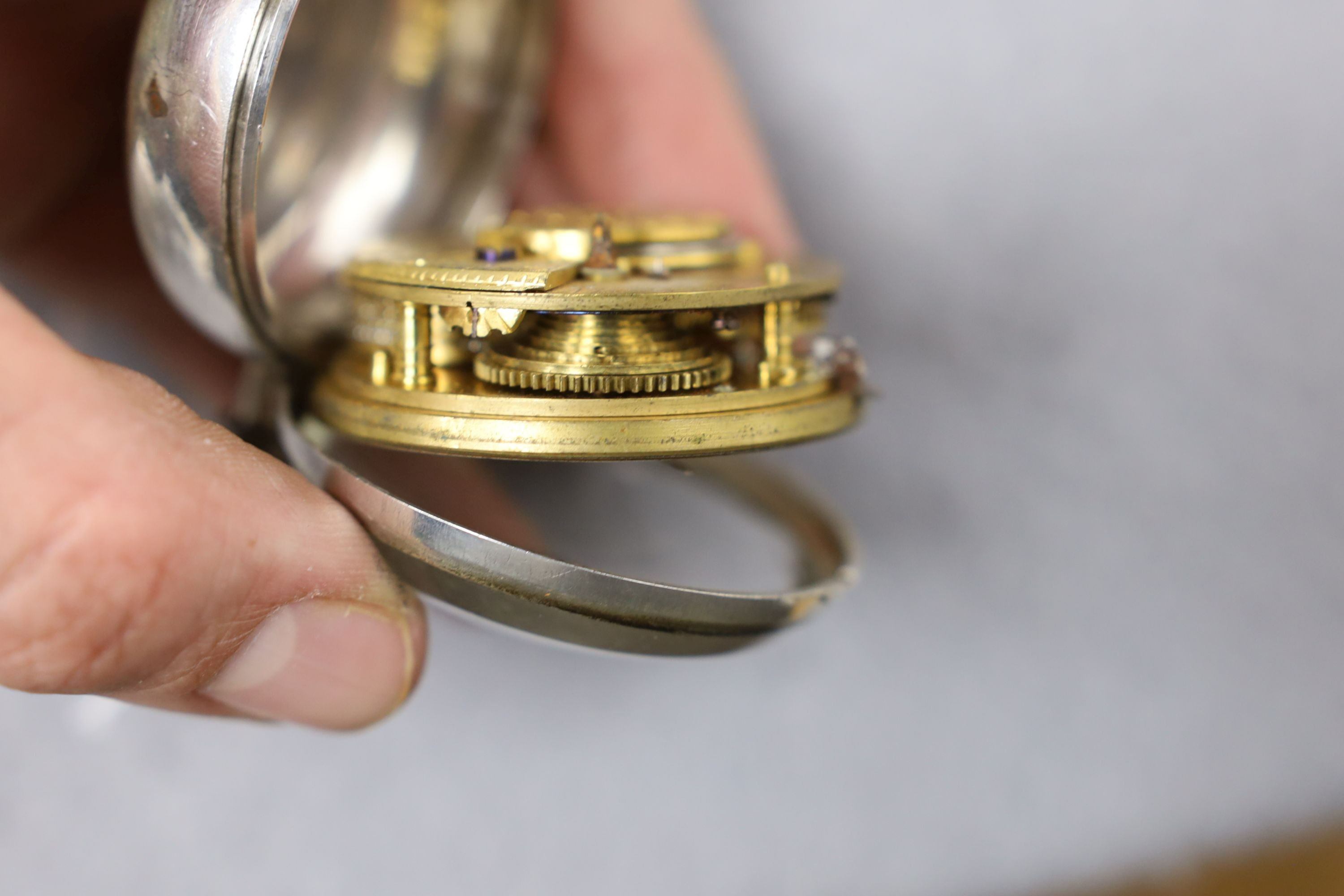 A Victorian silver pair case keywind verge pocket watch, by Adcock, Watton, case diameter, 55mm.